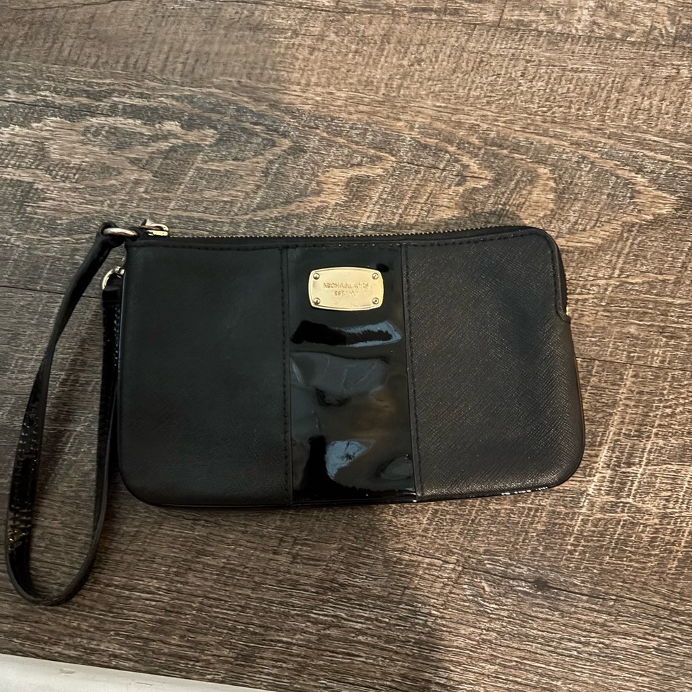 Michael Kors Black Wristlet Clutch with Patent Accent